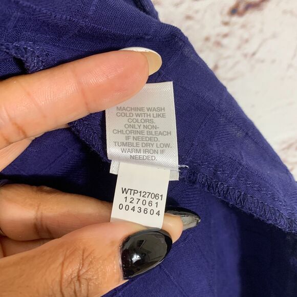 J Jill Navy Blue Sheer Plaid Button Front Tunic Top Medium 3/4 Sleeve Blouse - Picture 4 of 6